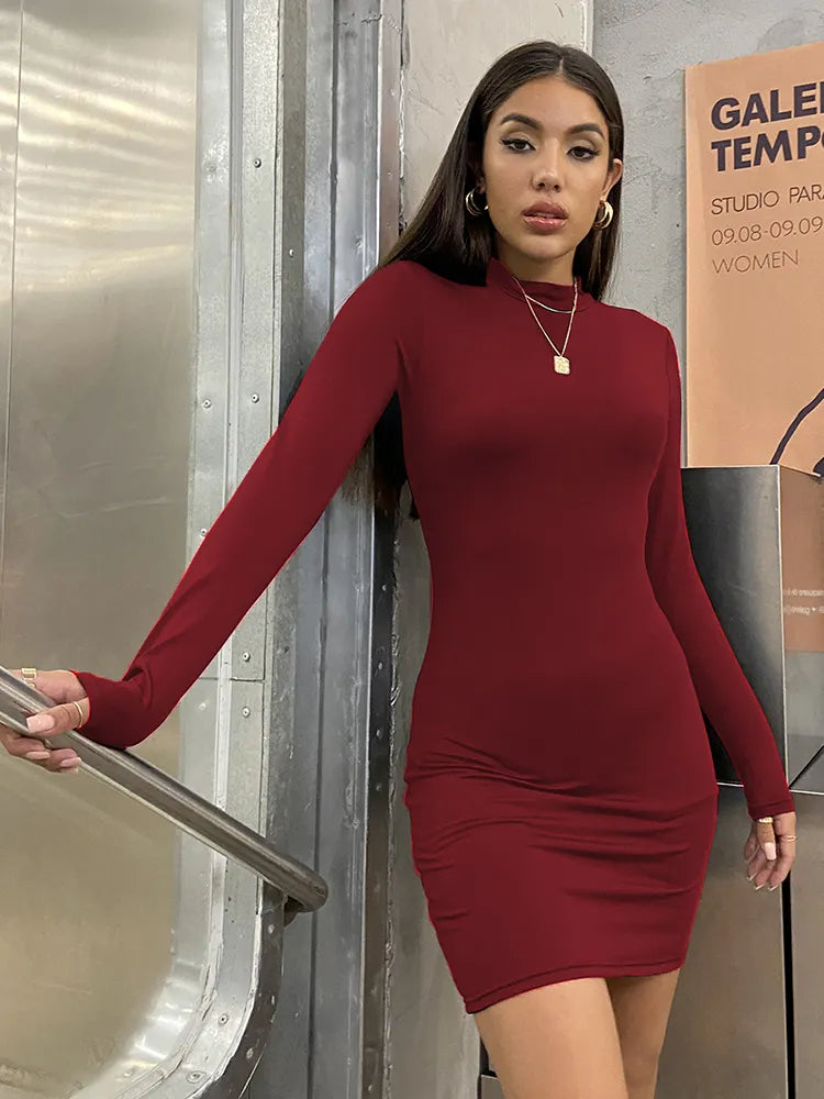 Turtleneck Long Sleeve Skinny Mini Dress Sexy Skirt Dresses Women Elegant Chest Slim Pleated Dress