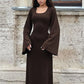 Scoop Neck Lace-Up Ribbed Maxi Dress Female Long Sleeve Fashion Slim Loose Bandage Dress