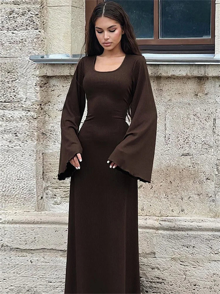 Scoop Neck Lace-Up Ribbed Maxi Dress Female Long Sleeve Fashion Slim Loose Bandage Dress