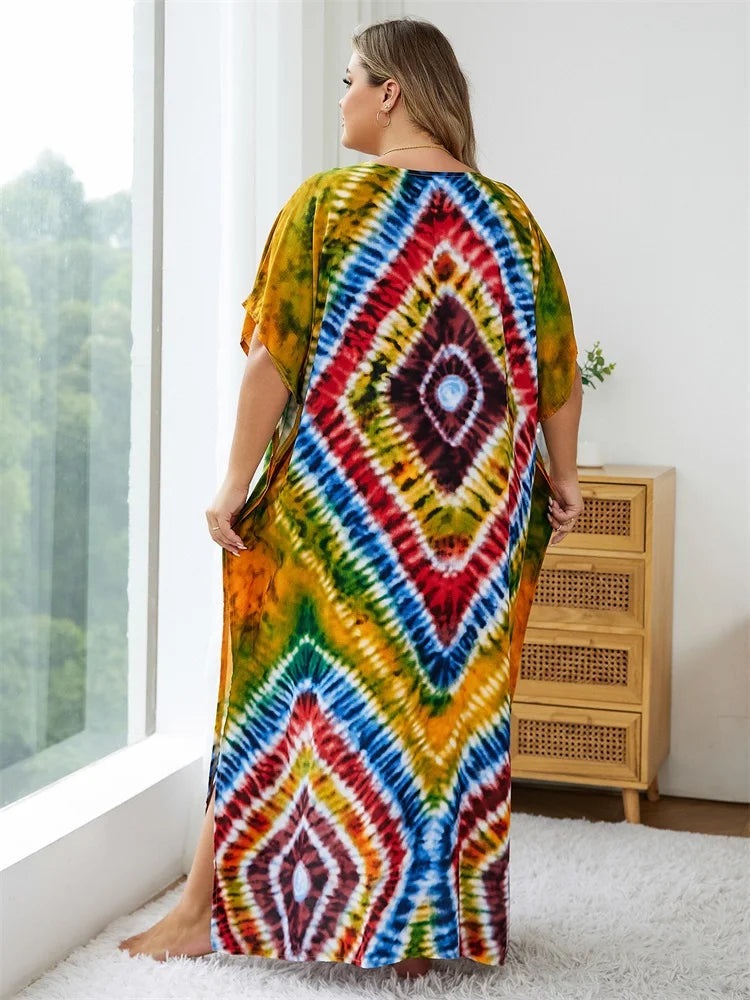 Bohemian Multicolor V Neck Loose Kaftan Dres Casual Plus Size Batwing Sleeve Dress