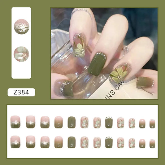 24Pcs/Set Press On Fake Nails Green Wearing Reusable False Nails Art Girls Ballerina Coffin Nail With Glue Full Cover Artificial