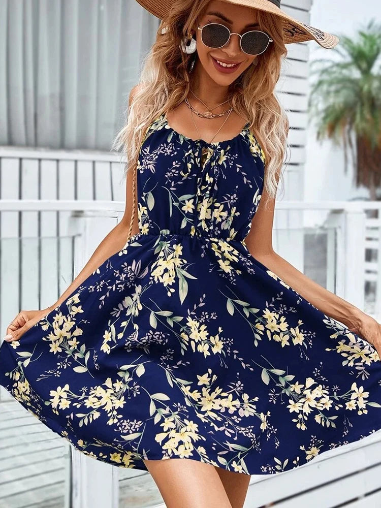 Sexy Floral Print Short Dress Beach Sundress Casual Sleeveless Lace-up