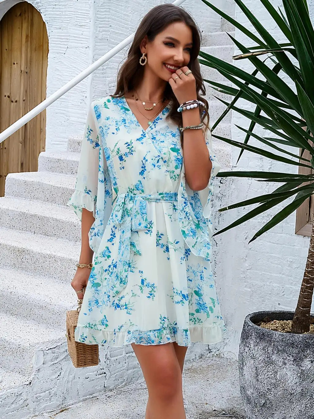 Half Sleeve Flower Print Elegant V-neck Casual A-Line Knee-Length High Waist Dress