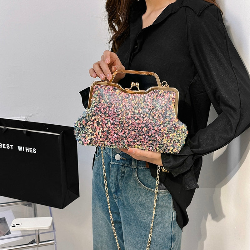 Sequin Crossbody Bags for Women Luxury Designer Fashion Party Handbags Trend Chain Cluth