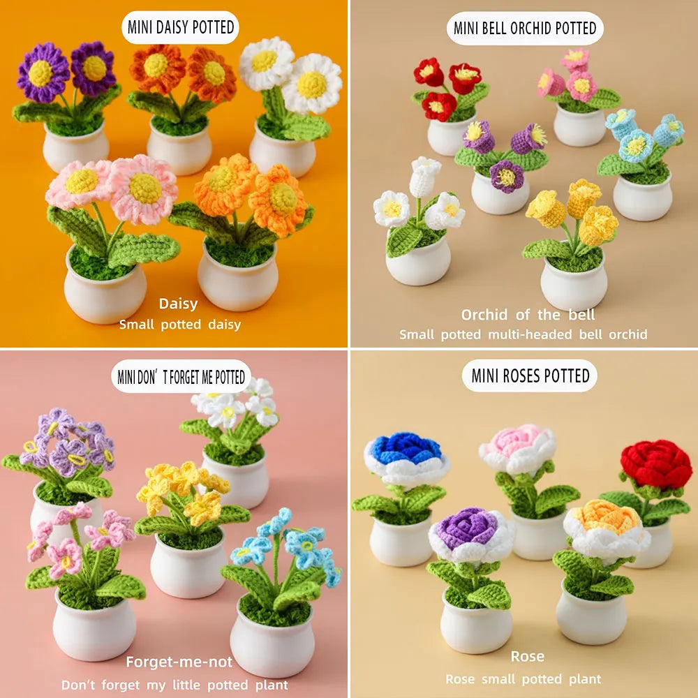 Mini Cute Style DIY Handwoven Simulation Pot Flower Planting Thread Crochet Knitted Finished