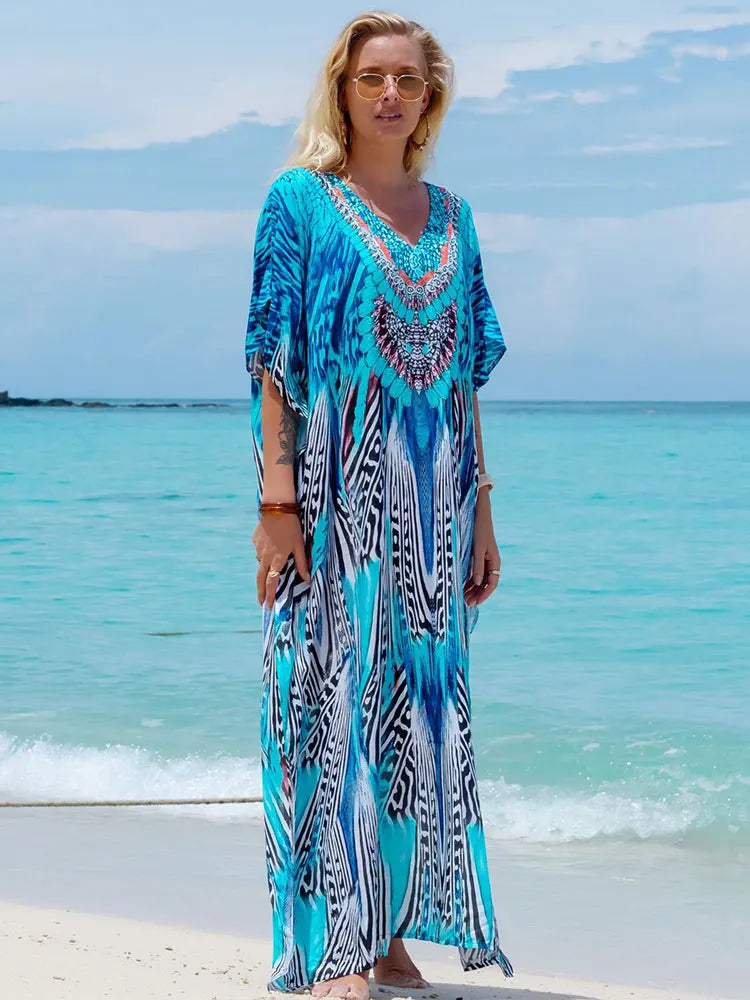 Bohemian Seaside Plus Size Print Kaftan Maxi Dress V Neck Slit Loose Robe Women Summer Beachwear Swimsuit Cover-ups