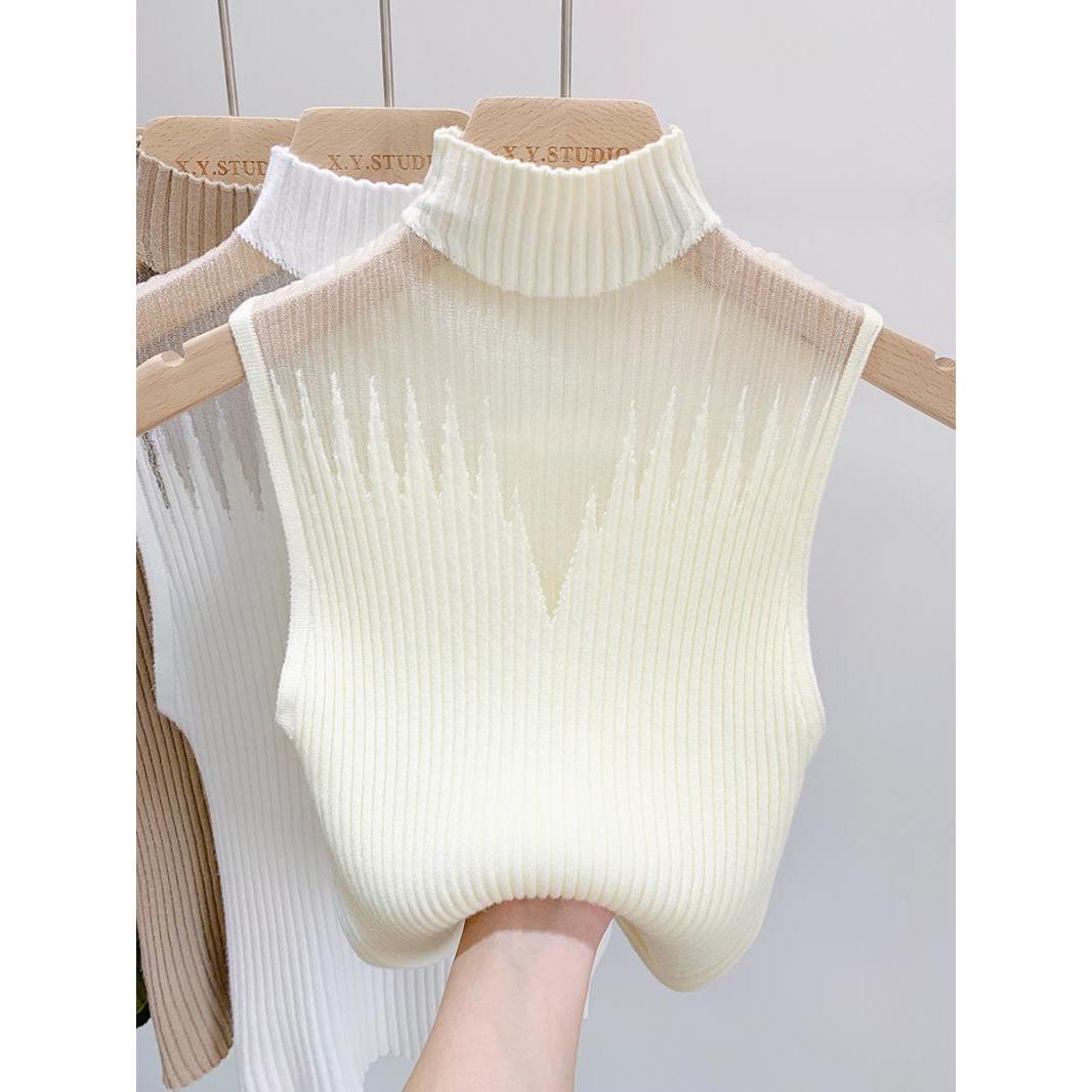 Mesh Hanging Neck Semi-high Neck Knitted Small Vest Female Undershirt Sweater Sleeveless T-shirt Short Tanks