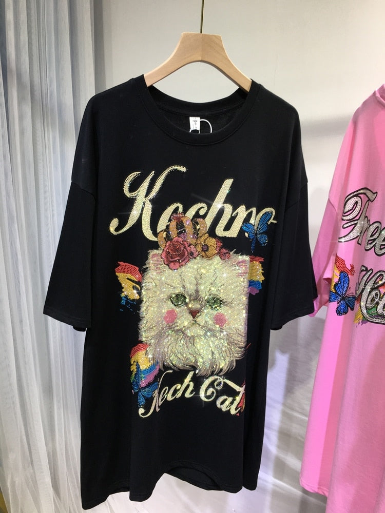 Rhinestone Graphic T-shirts Luxury Large Size Tunic for Women Men Summer Cotton Womens Clothing Chubby