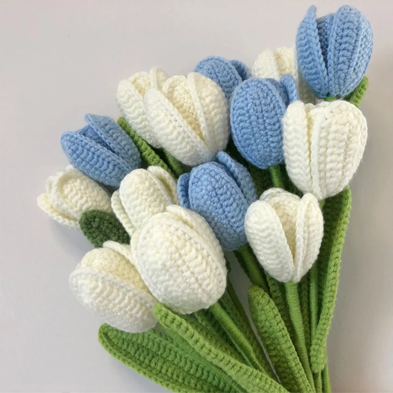 1PC Knit Flowers Tulips Hand Knitted Fake Flowers Bouquet Wedding Decoration Hand-woven Home Table Decorate Knitting Bouquets