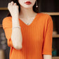 Women Sweater Short Sleeve V-neck Stripe Knitwears Slim Fit Shirt Pullovers Thin Knit Tops