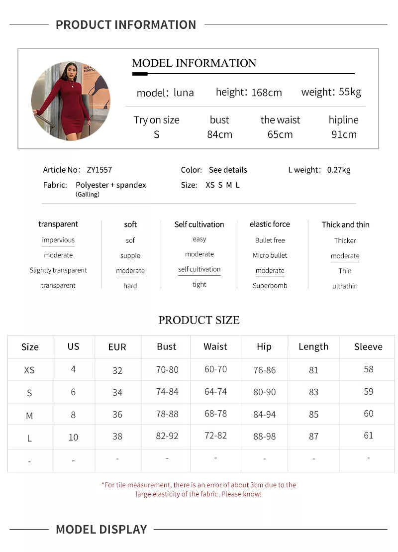 Turtleneck Long Sleeve Skinny Mini Dress Sexy Skirt Dresses Women Elegant Chest Slim Pleated Dress