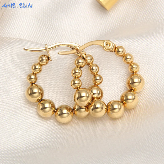 Luxury Gold Plated Square Round Stainless Steel Hoop Earrings Cross Ball Beads Earring