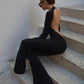 Solid Black Sexy Backless Bodycon Wide Leg Jumpsuit Women Autumn Casual Slim Long Sleeve O-Neck Playsuit Lady Streetwear