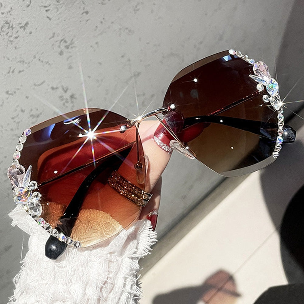 Luxury Vintage Rimless Rhinestone Sunglasses Fashion Gradient Lens Sun Glasses Shades for Female