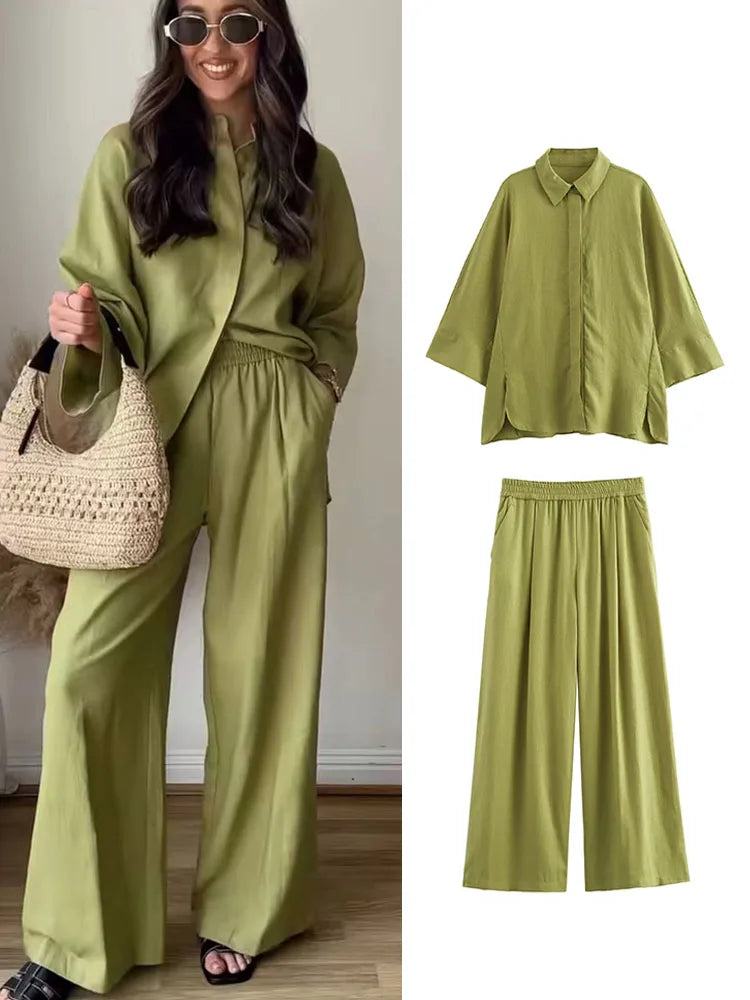 2 Pieces Wide Leg Pants Sets Loose Casual Suit Set Women