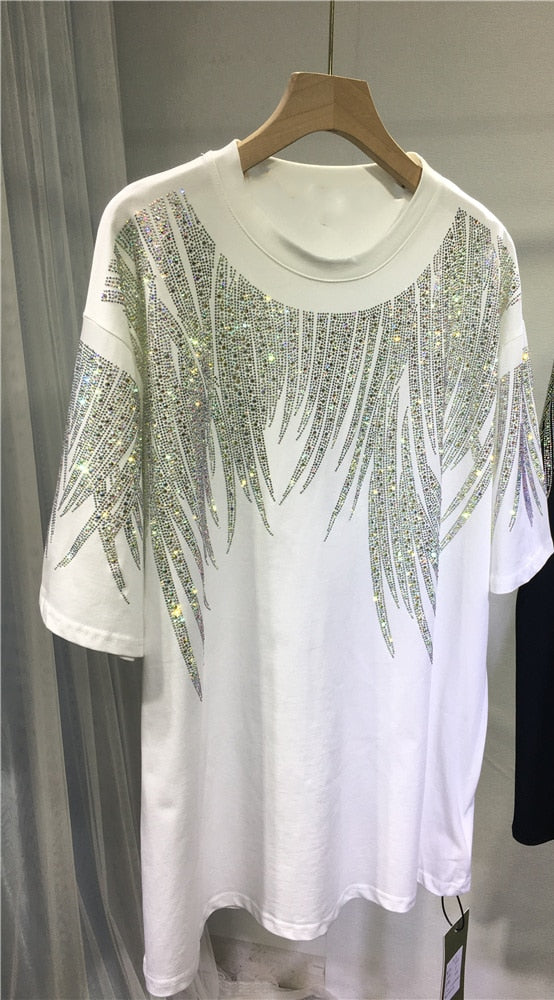 Rhinestone Graphic T-shirts Luxury Large Size Tunic for Women Men Summer Cotton Womens Clothing Chubby