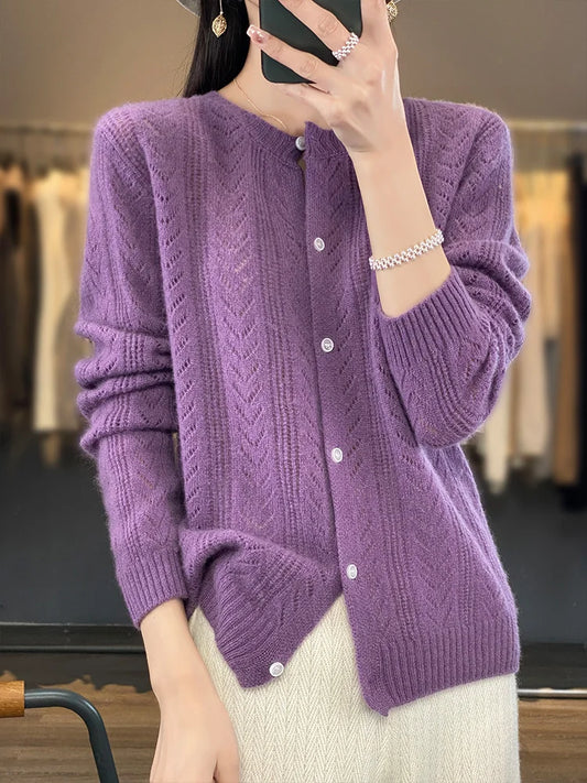 Wool Cardigan Womens Clothing O-neck Sweater Mujer Long Sleeve Tops Knitwears Korean Fashion Style Outerwears Crochet