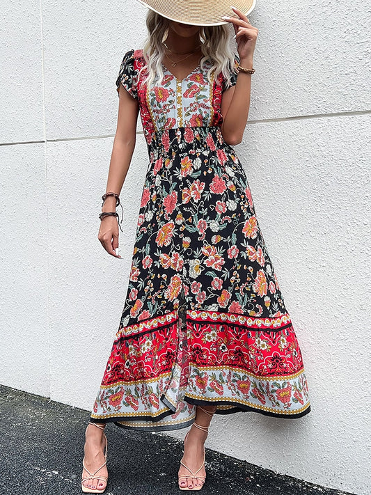 Vintage Floral Boho Printed Vestidos Women Short Sleeves V Neck Slit Midi Dresses A Line Bohemian Summer Beach Dress