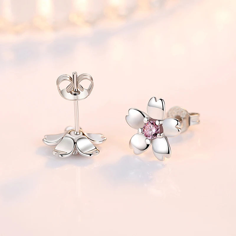 925 Sterling Silver Jewelry Crsytal Zircon Flower Stud Earrings