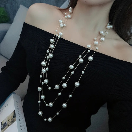 Long elegant Pearl Necklace sweater chain pendant accessories