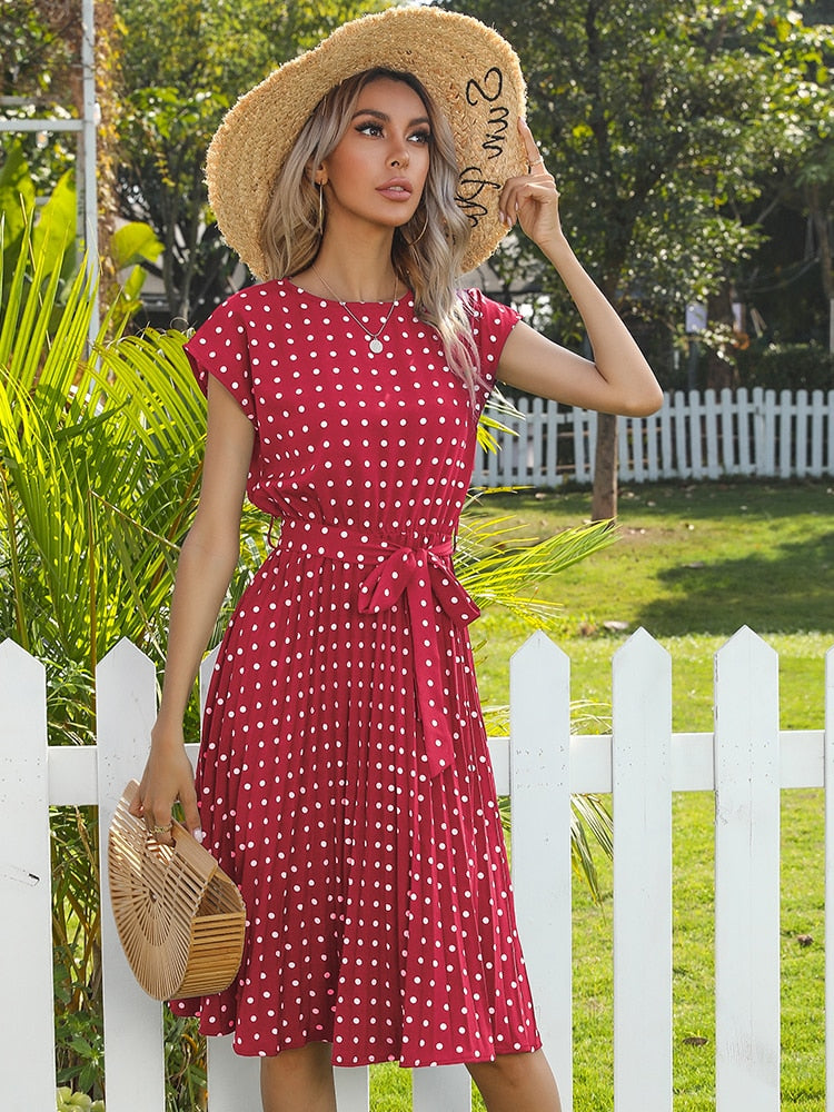 Women Beach Sundress Short Sleeve Polka Dot Print Vestido A-line Floral Elegant High Waist Pleat Casual Midi Dresses