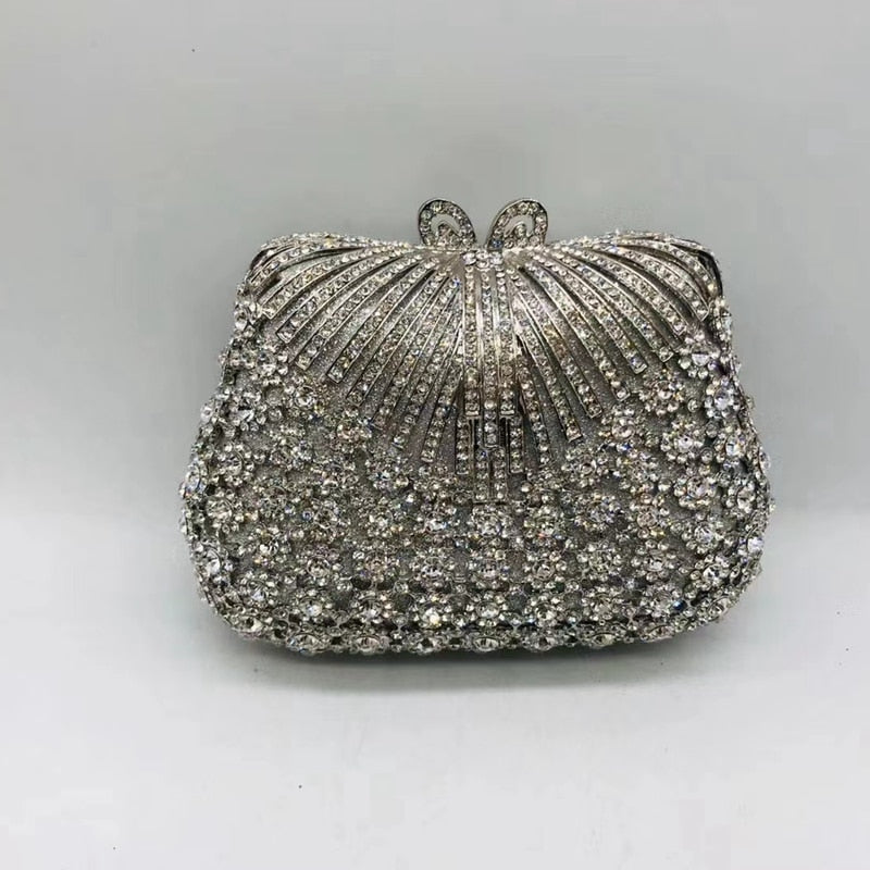 Women Gold Color Flower Rhinestones Clutch Bags Crystal Evening Purse Stones Metal Clutches Small Minaudiere Handbag Wedding Bag