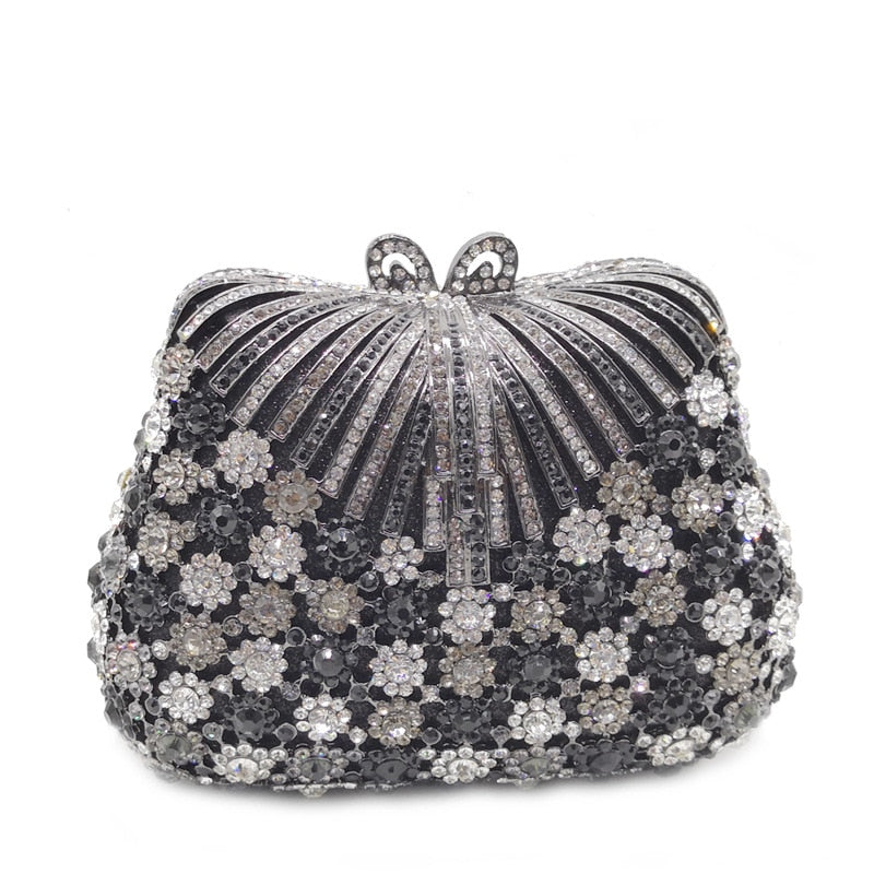 Women Gold Color Flower Rhinestones Clutch Bags Crystal Evening Purse Stones Metal Clutches Small Minaudiere Handbag Wedding Bag