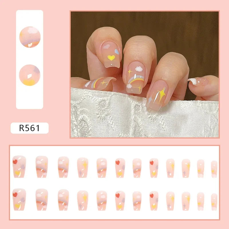 24P Cute Childlike Rainbow Nail Art Full Cover Artificial Fake Nails Wearing Reusable False Nails Ballerina Press on Nail Art