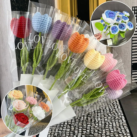 Knitted Flower Rose Tulips Fake Flowers Bouquet Wedding Decoration Hand-woven Crochet Knitting Bouquet Home Table Decorate Gift