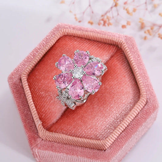 Exquisite Colorful Zircon Ring Pink Flowers Engagement Ring Jewelry Peach Blossom Ring