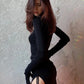 Gothic Drawstring Bodycon Women Mini Dresses Y2k Punk Black Split Sexy Long Sleeve Dress Grunge Basic Partywear