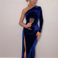 Women Elegant Long Sleeve Party Evening Velvet Bodycon Split Pencil Midi Dress