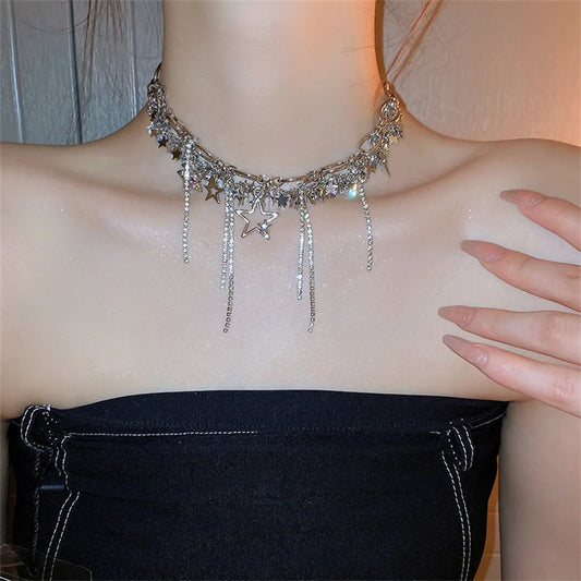 Hollow Silver Color Star Choker Necklaces Long Tassel Rhinestone Clavicle Chain Necklaces Statements Jewelry