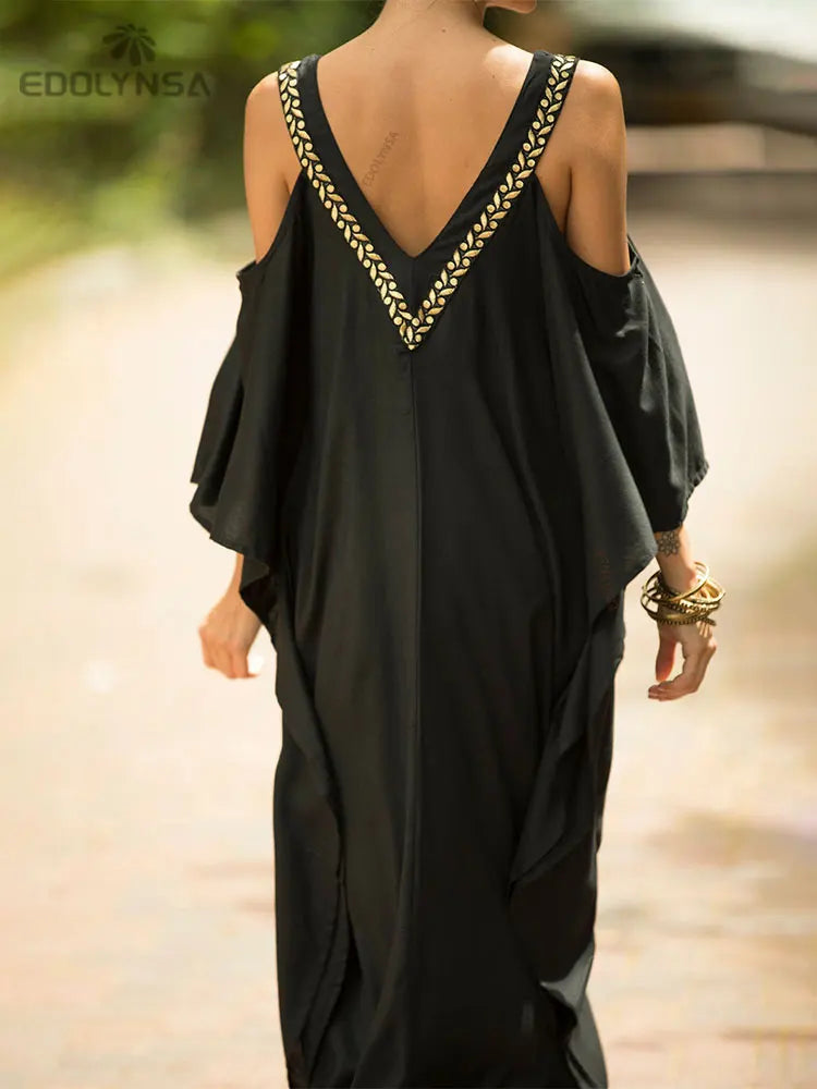 Sexy Cold Shoulder V Neck Bats Sleeve Loose Summer Beach Dress Plus Size Women Beachwear Kaftan Black Dresses