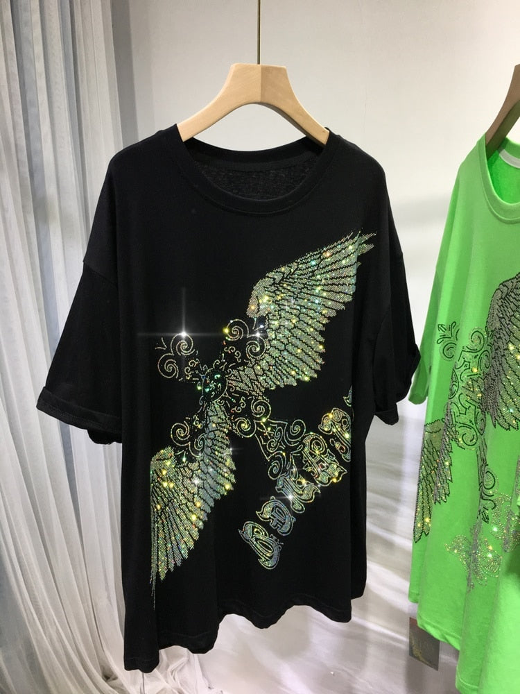 Rhinestone Graphic T-shirts Luxury Large Size Tunic for Women Men Summer Cotton Womens Clothing Chubby