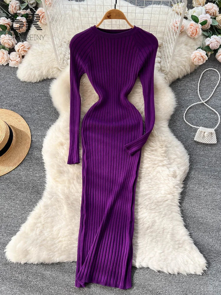 Women Knit Maxi Dress O Neck Autumn Long Sleeve Slim Solid Harajuku Ladies Fashion Pencil Sweater Long Dresses