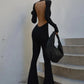 Solid Black Sexy Backless Bodycon Wide Leg Jumpsuit Women Autumn Casual Slim Long Sleeve O-Neck Playsuit Lady Streetwear