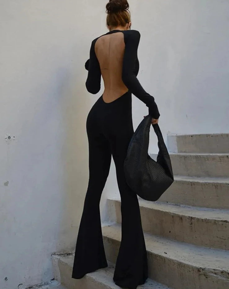 Solid Black Sexy Backless Bodycon Wide Leg Jumpsuit Women Autumn Casual Slim Long Sleeve O-Neck Playsuit Lady Streetwear