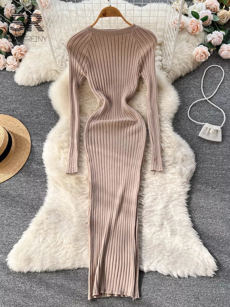 Women Knit Maxi Dress O Neck Autumn Long Sleeve Slim Solid Harajuku Ladies Fashion Pencil Sweater Long Dresses