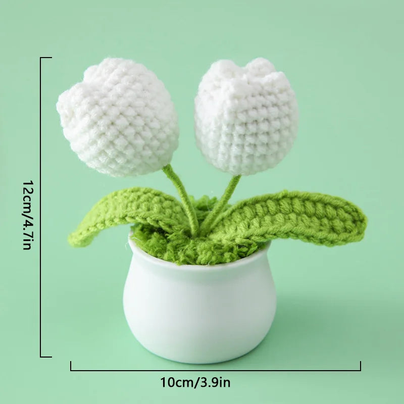 1pc Handmade Woven Flower Potted Artificial Knitted Crochet Tulip Plant Ornaments DIY Home Desktop