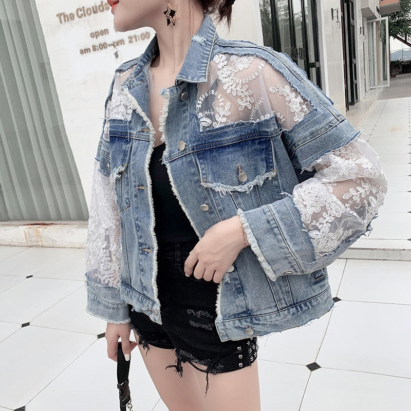 Streetwear Women Lace Hook Flower Hollow New Patchwork Frayed Edges Hole Denim Jacket Summer Long Sleeve Casual Veste Femme