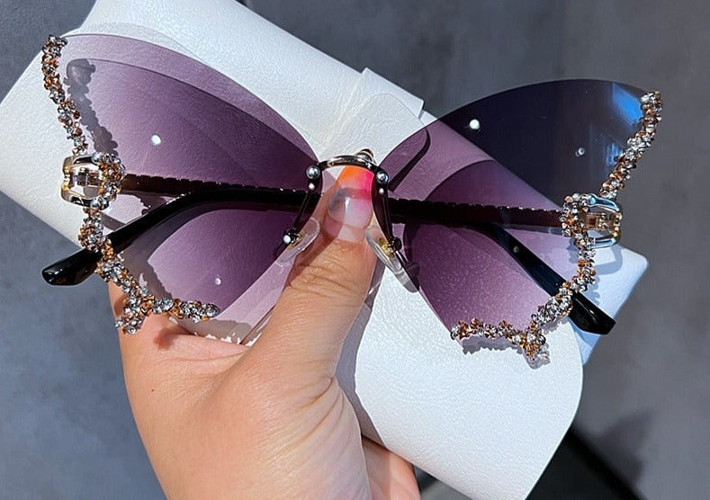 Luxury Diamond Butterfly Sunglasses Women Vintage Rimless Oversized Sun Glasses Ladies Eyewear