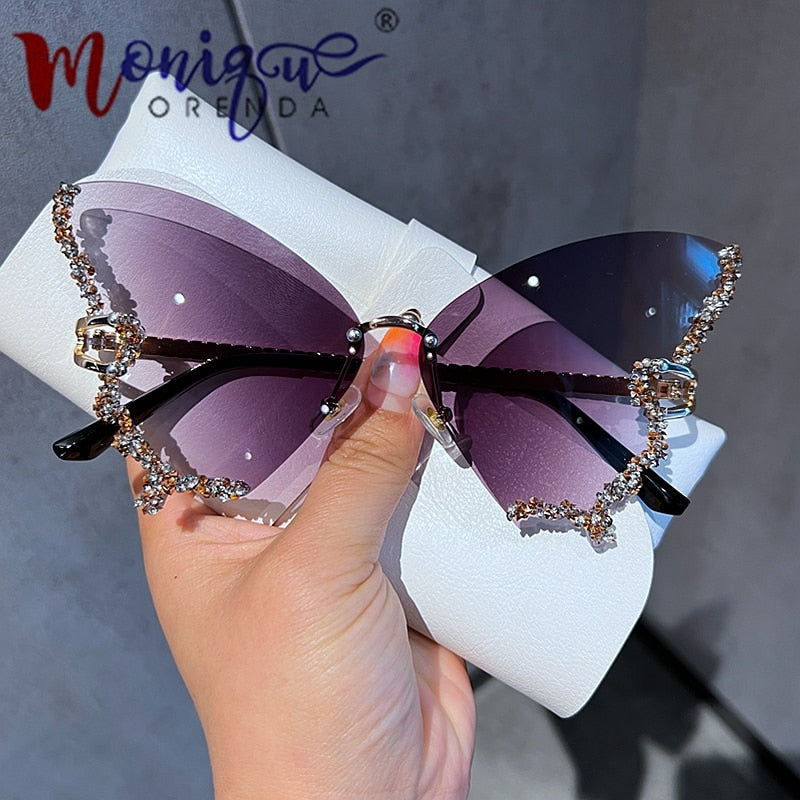 Luxury Diamond Butterfly Sunglasses Women Vintage Rimless Oversized Sun Glasses Ladies Eyewear