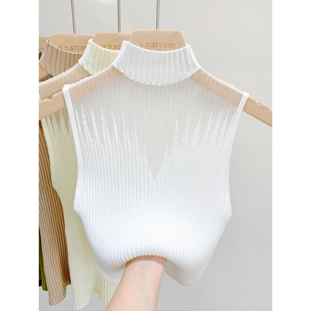 Mesh Hanging Neck Semi-high Neck Knitted Small Vest Female Undershirt Sweater Sleeveless T-shirt Short Tanks