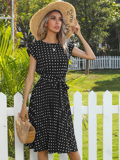 Women Beach Sundress Short Sleeve Polka Dot Print Vestido A-line Floral Elegant High Waist Pleat Casual Midi Dresses