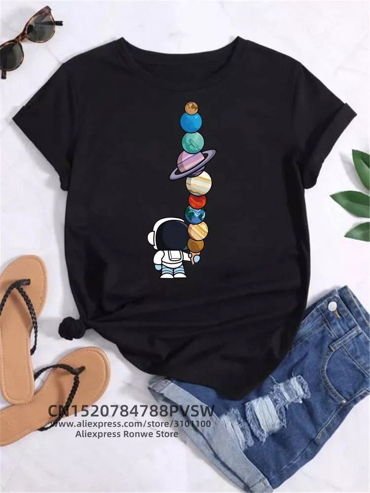 Women Funny Moon Space Planet Print T Shirt Girl Casual Round Neck Short Sleeve Clothes Female Vintage Tops