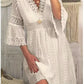 Elegant Women White Hollow Lace Splicing Mini V-neck Three Quarter Sleeve Dresses