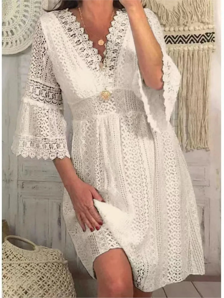 Elegant Women White Hollow Lace Splicing Mini V-neck Three Quarter Sleeve Dresses