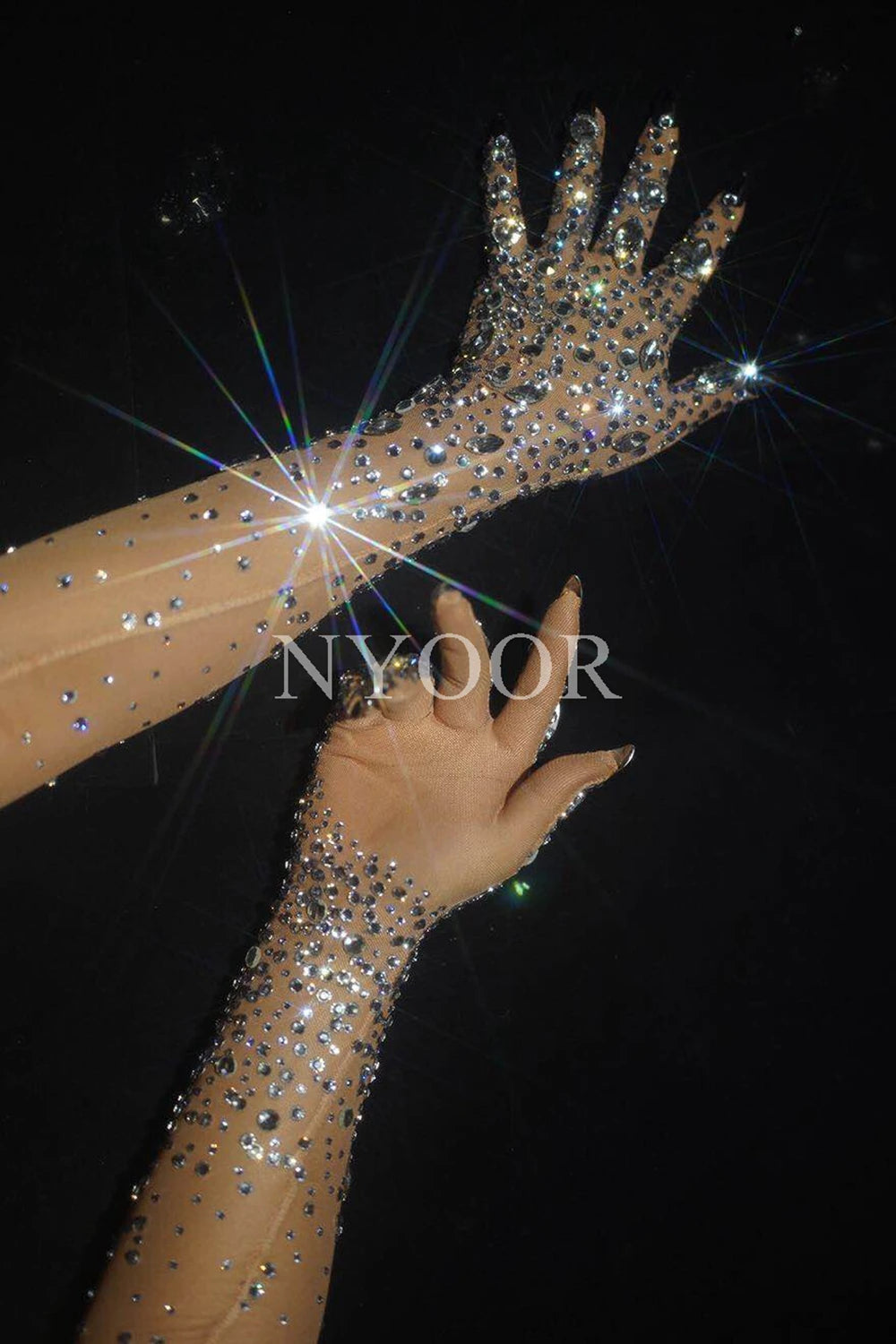 Luxurious Stretch Rhinestones Gloves Sparkly Crystal Mesh Long Gloves Dancer Singer Nightclub