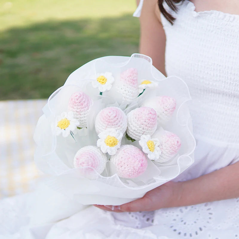 Hand Woven Strawberry Finished Eternal Flower Bouquet Crochet Simulated Flower